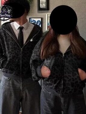 Oversized Zip Up Hoodie Leopard Print Y2K Grunge Streetwear Jacket